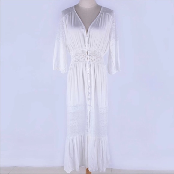 Boho White Long Sleeve Lace Button up Maxi Dress - Picture 7 of 7